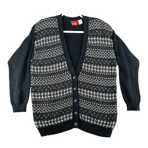 Liz&Co Womens Medium Black Fair Isle Wool Cotton Blend Knit Cardigan Sweater‎